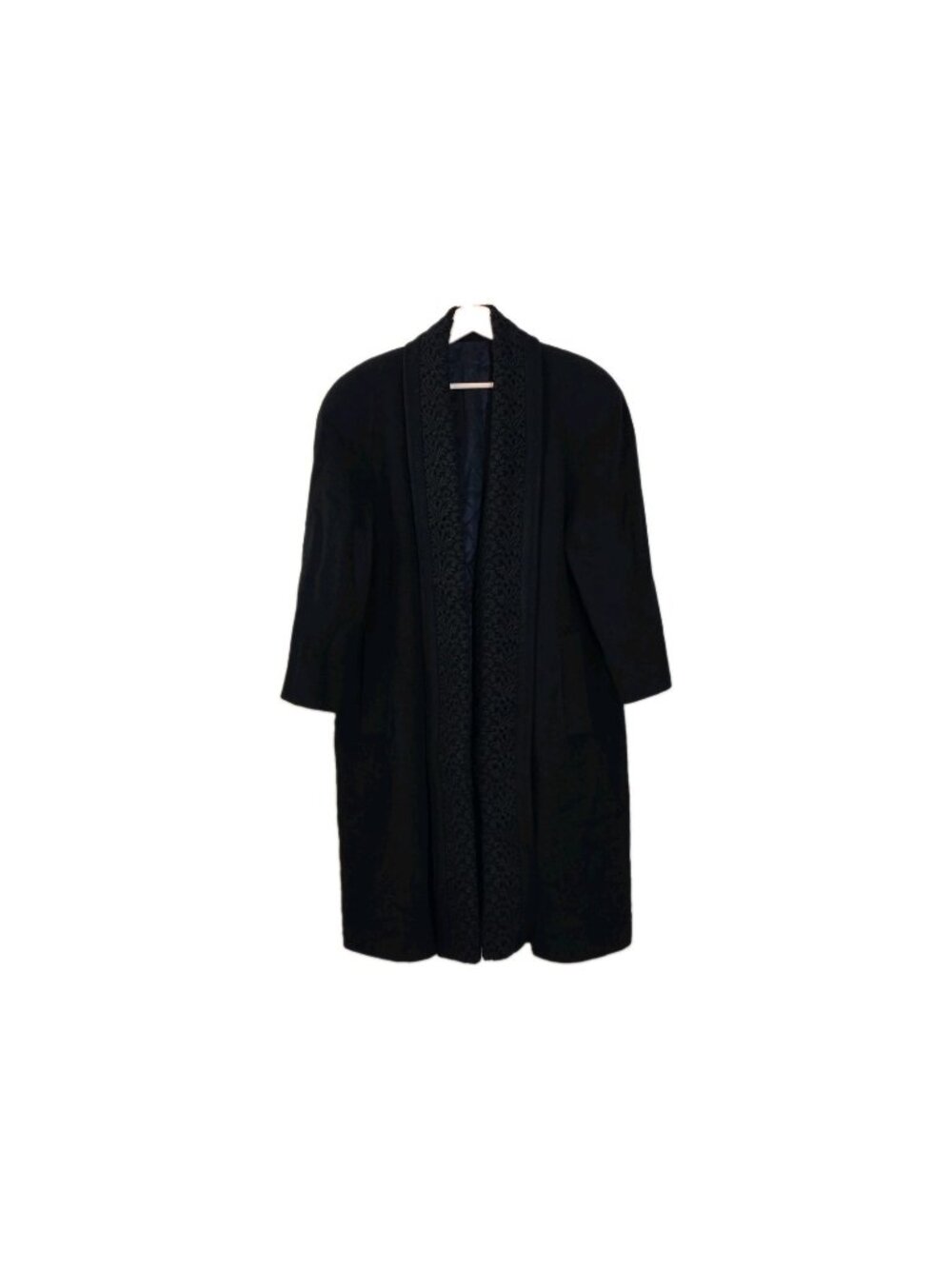 Liptons Vtg Wool Cashmere Coat L Black Canada Oversize Lace Trim Grandma Chic